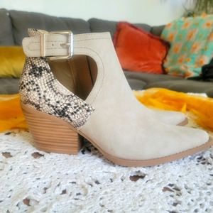 Tan and snake skin booties